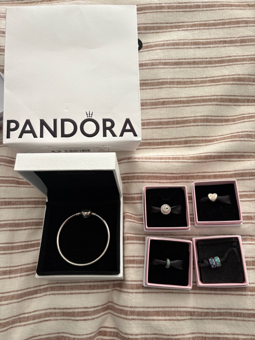 Pandora Silver Bangle Bracelet with Heart Clasp and charms Jack sally spacers